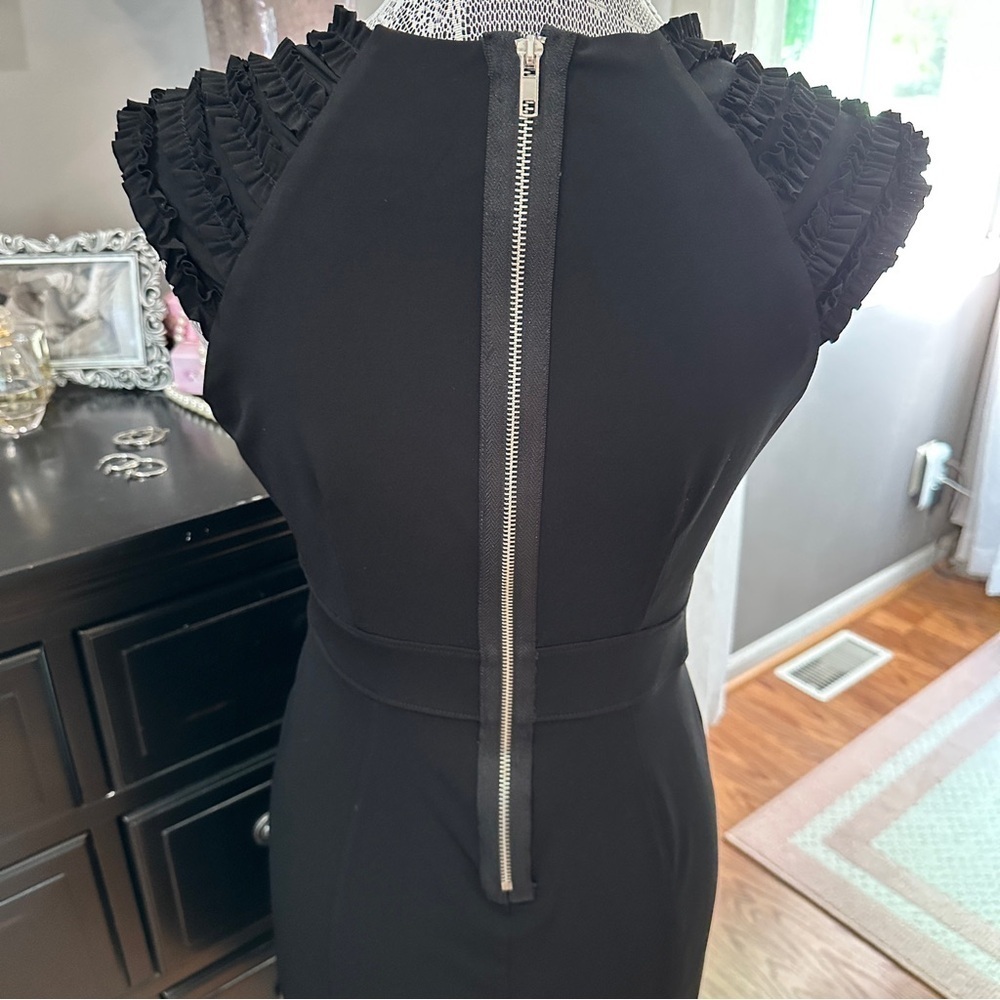 Saint Tropez West Black Ruffle Sleeve Sheath Size 8 Minimalist Quiet Luxury LBD - Picture 7 of 16